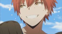 an anime character with red hair and brown eyes looks at the camera while standing in front of clouds