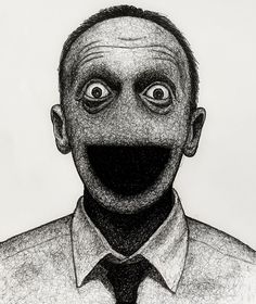 a black and white drawing of a man's face with eyes wide open in front of him