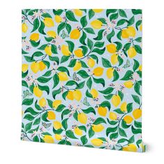 a yellow and green wallpaper with lemons on it