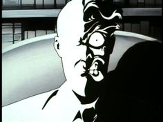 an animated image of a man with glasses looking at something in the distance while wearing a suit and tie