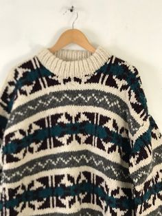 "-Description- >cream, gray, green, & red print men's hand knit sweater >crew neck pullover >very chunky/heavy >one of kind hand knit! >condition: great >color(s): cream, green, gray, red >fabric(s): 100% wool >care: dry clean -Measurements- >size: large ✩ all measurements are taken with the item laying flat & some sizes are estimates so please check measurements ✩ chest: 48\" / 97cm length: 31\" / 78cm -social media- instagram: @voguevibesvintage #47 VVV1794" Chunky Christmas Sweater, Old Man Sweater, Knitted Sweaters Men, Vintage Sweater Outfit, Lizzy Mcalpine, Modern Heritage, Sweater Chunky, Vintage Hawaiian Shirts, Wool Winter