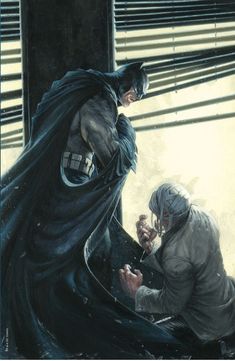 batman and joker in the dark knight comics, with one person on his knees looking at another