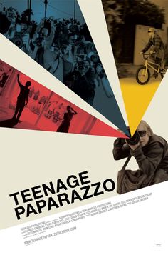 the movie poster for teenage paparazzo is shown with people walking and riding bikes