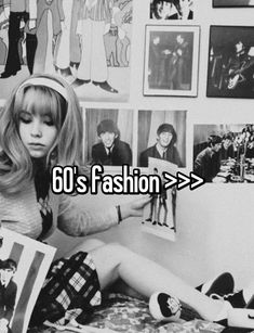 a woman sitting on top of a bed in front of pictures and the words 60's fashion > >