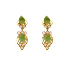 Elevate your jewelry collection with this one of a kind pair of 22k gold and emerald earrings by Virani Jewelers. A true representation of opulent Indian jewelry, these emerald earrings inspire the rich traditions of Indian jewelry. Each piece is a fusion of exquisite gemstones and lustrous gold making these 22k gold earrings a must-have for a lover of culture and fashion. Discover the magic of Virani Jeweler's craftsmanship and adorn yourself with these lovely 22k earrings. Features • 22k yello 22k Gold Gemstone Earrings For Formal Occasions, Formal Green 22k Gold Earrings, Green Temple Jewelry Earrings For Anniversary, Elegant 22k Gold Gemstone Earrings, Green Emerald Temple Jewelry Earrings, Gold Jade Wedding Earrings, Green Gemstone Temple Jewelry Earrings, Formal Yellow Gold Jade Earrings, Luxury Traditional Green Pearl Earrings