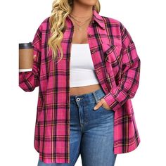 Fantaslook Plus Size Flannel Plaid Shirts for Women Long Sleeve Button Down Shirts Casual Loose Blouses Tops  Womens flannel plaid shirts is designed to flatter and fit, long sleeve, casual lapel collared, button down shirts for women offer a relaxed yet stylish look perfect for any occasion. Womens plus size tops design ensures a comfortable fit, allowing for ease of movement and a laid-back vibe. Made from high-quality flannel, womens blouses are soft and cozy durable, providing you with a go-to piece for your wardrobe. Available in a range of vibrant plaid patterns, long sleeve shirts for women add a touch of classic charm to your everyday outfits, making them a versatile addition to your closet. Whether you're running errands, enjoying a weekend outing, or simply lounging at home, flan Flannel Shirt Plus Size, Plaid Shirts For Women, Plus Size Flannel, Womens Flannel, Plaid Shirt Women, Oversized Button Down Shirt, Womens Flannel Shirt, Womens Blouses, Plaid Shirts