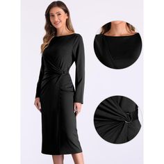 This Boat Neck Ruched Bodycon Dress features a wrap boat neck design that is not see-through, has long sleeves, and is perfect for party and cocktail events. The sheath pencil dress is extremely flattering for curvy women, with a ruched waist that adds a delicate and elegant touch. The boat neck wrap design beautifully showcases your charming collarbone. Ideal for various occasions such as work, parties, cocktails, daily wear, funerals, weddings, night outs, evenings, proms, dinners, dating, bus Bodycon Work Dress, Work Parties, Sweater Maxi Dress, Ruched Midi Dress, Ruched Bodycon Dress, Midi Sheath Dress, Black Sheath Dress, Sweater Dress Midi, Neck Wrap