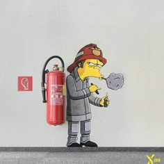 a cartoon character holding a wrench next to a fire extinguisher