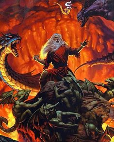 a man sitting on top of a giant dragon next to another creature in front of him