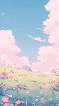 the sky is filled with clouds and pink flowers