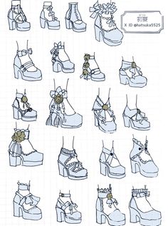 various types of shoes are shown in this drawing