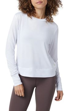 Vuori Daydream Long Sleeve Performance T-Shirt | Nordstrom White Moisture-wicking Recycled Polyester Activewear, White Moisture-wicking Activewear Made Of Recycled Polyester, Sporty Recycled Polyester Top With 4-way Stretch, White Sporty Activewear With Thumbholes, Breathable 4-way Stretch White Tops, Moisture-wicking Recycled Polyester Athleisure Top, White Breathable 4-way Stretch Tops, Athleisure Moisture-wicking Top In Recycled Polyester, White 4-way Stretch Athleisure Top