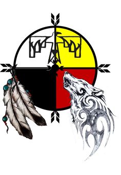 Lakota spirit wheel, tribal wolf, and thunderbird. Lakota Indian Tattoos, Wolf Symbol Tattoo, Lakota Sioux Symbols, Eagle Feather Tattoos, Wolf Symbol, Native Wolf, Lakota Indians