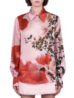 Silk Rose Print Shirt (2C03A-146-PINK) Organza Shirt, Silk Rose, Silk Roses, Rose Print, Cuff Links, Print Shirt, Oversized Shirt, Red Floral, Silk Printing