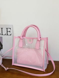 Pink Fashionable   PVC Plain Square Bag Embellished   Women Bags Clear Bag Aesthetic, Jeweled Bag, Kids Purse