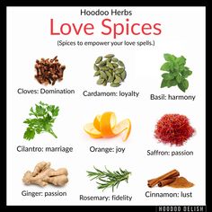 Some of the strongest lover herbs can be found in your own kitchen!  Add any of these to a love spell to add power and the qualities of the spice to your relationship.   Combine and of these with a red candle dress with and love intention oil for a quick bit strong romance spell!  Enjoy! Herbs For Love, Wicca Recipes, Magickal Herbs, Witch Herbs