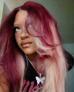 Blond And Burgundy Hair, Pink Burgundy Hair, Burgundy Hair With Pink Highlights, Burgundy And Blonde Highlights, Pink Raccoon Tail Hair, Fairy Hair Color, Blonde And Burgundy Hair, Coloring Wigs, Pink And Burgundy Hair