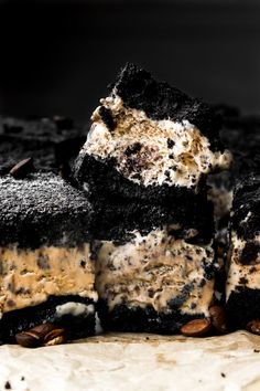 several cookies and cream desserts stacked on top of each other