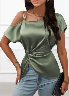 Color:Sage Green;Size:S;Size:M;Size:L;Size:XL;Size:XXL;Package Contents:1 X T Shirt;Occasion:Other;Style:Casual; Knot Shirt, Satin Bluse, Blouse Back Neck Designs, Pleated Shirt, Women Blouses, Satin Blouse, Green Blouse, Green Shorts