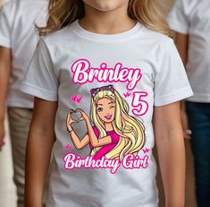 Ready for the party   👕Production Time : 1-3 business days. 👕Shipping Services: *Express 1-2 business days. *Priority Mail 2-3 business days. *First Class 3-5 business days 👕Add Name and Age on personalization box, Add to cart. 👕For multiple items (Dad, Mom, brother, sister, etc) back and repeat. 👕Select Shipping Service. 👕Feel free to ask any question! Barbie Birthday Shirt, 5th Birthday Girls, Doll Design, Design Birthday, Barbie Birthday, Birthday Girl Shirt, Birthday Party Shirt, Birthday Tee, Family Celebrations