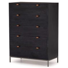 a black dresser with four drawers and two brown handles