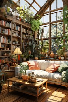 a living room filled with lots of plants and bookshelves next to a window