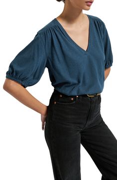 Get comfortable in this floaty pima-cotton-and-hemp top that's framed by puff sleeves and finished with a curved hem. 25" length V-neck Elbow-length sleeves Curved hem 75% pima cotton, 25% hemp Machine wash, tumble dry Made in Peru Casual Cotton Top With Gathered Sleeves, Casual Cotton Tops With Gathered Sleeves, Casual Tops With Gathered Balloon Sleeves, Casual Top With Gathered Balloon Sleeves, Relaxed Fit Tops With Blouson Balloon Sleeves, Casual Billowy Tops With Puff Sleeves, Cotton Tops With Blouson Sleeves In Relaxed Fit, Versatile Puff Sleeve Tops With Relaxed Fit, Relaxed Fit Puff Sleeve Tops For Casual Gatherings