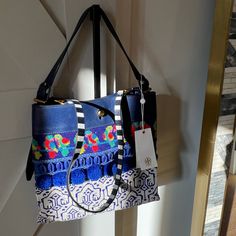 New With Tags And Dust Bag Tory Burch Tropical Bag With Beaded Details Beautiful For Vacation To Tropics Could Be Carried With The Top Handle Or On The Shoulder Blue Top Handle Hobo Bag With Detachable Handle, Blue Pouch Shoulder Bag With Handles, Blue Embroidered Bag For Daily Use, Summer Blue Satchel With Removable Pouch, Blue Satchel With Removable Pouch For Summer, Blue Top Handle Shoulder Bag For Vacation, Blue Top Handle Shoulder Bag For Summer, Blue Leather Handle Shoulder Bag For Summer, Embroidered Blue Rectangular Shoulder Bag