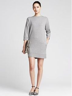 drop-shoulder sweater dress Knee-length Knit Sweater Dress For Loungewear, Chic Solid Knee-length Sweater Dress, V-neck Sweater Dress For Daywear, Banana Republic Sweater Dress, Casual Gray V-neck Sweater Dress, Grey Sweater Dress, Drape Sleeves, Jacquard Sweater, Banana Republic Dress