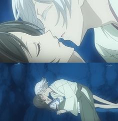 an anime scene with two people kissing in the water and one is holding his head