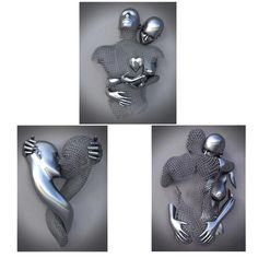 three different images of the same person in metal clothing, one with arms and legs wrapped around