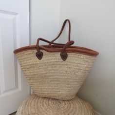 a brown bag sitting on top of a chair next to a white door in a room