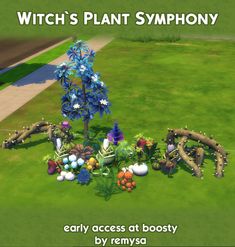 an animated image of plants and flowers in the grass with text that reads, witch's plant syphony