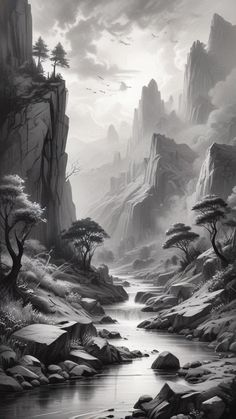 a black and white painting of mountains, water and trees in the foreground is a river surrounded by rocks