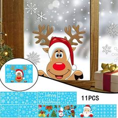 rudolph the reindeer christmas window stickers with snowflakes and santa hats on it