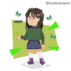 an animated girl standing in front of green arrows with the words info on her chest