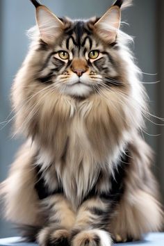 a long haired cat sitting on top of a table