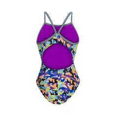 a women's swimsuit with purple and blue flowers on the bottom, front view