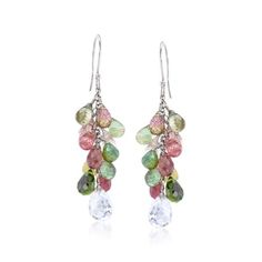 With a commitment to quality and affordability, Ross-Simons presents timeless jewelry for the modern woman. A pallet of rich, nature-inspired colors looks so lovely. Multicolored tonal shades of pink, green, and yellow tourmaline briolettes totaling 25.00 carats cluster together in this chic pair of drop earrings. Set in polished sterling silver and dangling 4.00 ct. t.w. rock crystal briolettes at the bottom. Hanging length is 2 1/8". Earwire, rock crystal and multicolored tourmaline drop earri White Topaz Earrings, Morganite Pendant, Silver Bar Earrings, Opal Drop Earrings, Gold Bar Earrings, Turquoise Drop Earrings, Fine Jewelery, Tourmaline Jewelry, Topaz Earrings