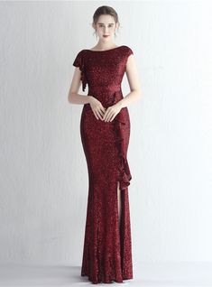 In Stock:Ship in 48 Hours Burgundy Sequins Cap Sleeve Prom Dress Sequin Evening Gowns, Asymmetrical Hem Dress, Prom Dresses Online, Tie Waist Dress, Prom Dresses With Sleeves, Dress Measurements, Mermaid Dresses