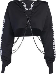 The chains may be lost one during the shipping process, if you only received one chain, please contact me, I will immediately send a replacement! Style: gothic Solid Black Crop Sweatshirt Gothic Hoodies, Goth Tops, Black Crop Sweatshirt, Rave Tops, Long Sleeve Workout, Rave Outfit, Emo Outfits, Estilo Punk, Gothic Punk