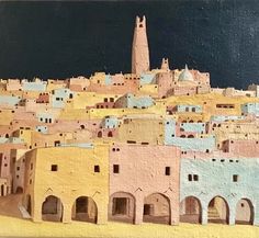 an oil painting of a city with tall buildings on the top and small towers in the middle