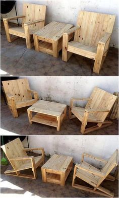 three pictures of wooden furniture made out of pallets