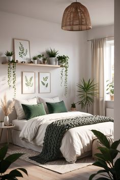 a bedroom with white walls and green plants on the shelves above the bed, along with potted plants