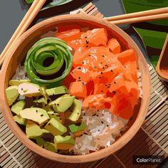 a bowl filled with rice and vegetables next to chopsticks