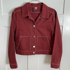 H&M Red Denim Jacket Nwot Size Small Dark Red/Brick Red Trendy Red Collared Outerwear, Casual Red Cotton Outerwear, Red Denim Trendy Outerwear, Red Trendy Denim Outerwear, Casual Red Denim Outerwear, Red Cotton Denim Jacket For Streetwear, Red Long Sleeve Denim Jacket For Streetwear, Casual Red Long Sleeve Denim Jacket, Trendy H&m Outerwear For Streetwear