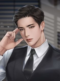 a young man in a suit and tie poses for a digital painting style photo with his hand on his head