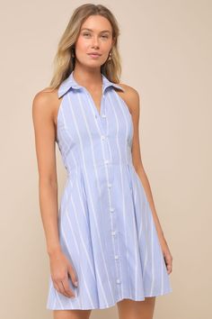 From the Hamptons to Monaco, stay picture-perfect in the Lulus Posh Beauty Light Blue Striped Collared Halter Mini Skater Dress! Lightweight, linen-inspired fabric (with a white striped design) shapes this chic little dress with a collared halter neckline and a princess-seamed bodice with an open-back design. The high, fitted waist sits atop a skater skirt with box pleats and a cute mini hem. Hidden back zipper/clasp. Daytime Knee-length Summer Shirt Dress, Summer Daytime Knee-length Shirt Dress, Daytime Midi Length Summer Shirt Dress, Knee-length Summer Shirt Dress For Daytime, Blue Cotton Collared Mini Dress, Striped Collared Dresses For Vacation, Blue Collared Cotton Mini Dress, Striped Collared Vacation Dress, Striped Mini Length Dress For Daywear