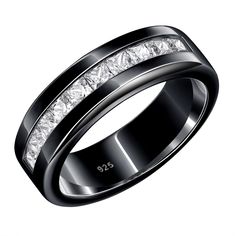 a wedding band with princess cut diamonds in black ceramic and white gold plated stainless steel