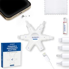 the contents of an electronic device including batteries, cables and other items are shown on a white surface